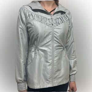 Fila sport Silver full Zip Up Windbreaker rain jacket XS shimmer hood pockets